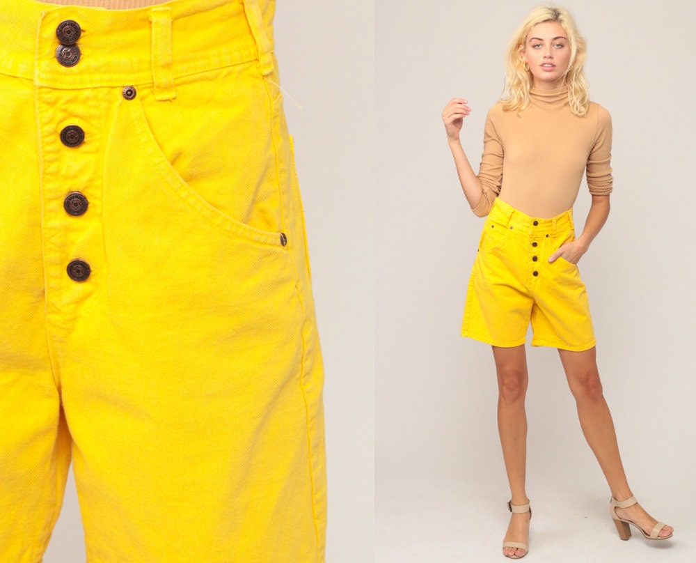 90s Yellow Denim Shorts High Waisted Button Fly Extra Small