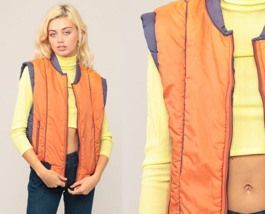 70s Orange Puffer Ski Vest Sleeveless Jacket Medium