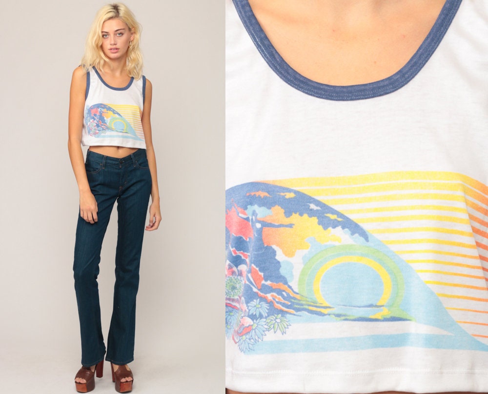 80s Surfer Graphic Ringer Tank Top Crop White Medium Large