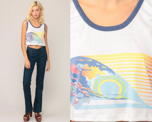 80s Surfer Graphic Ringer Tank Top Crop White Medium Large
