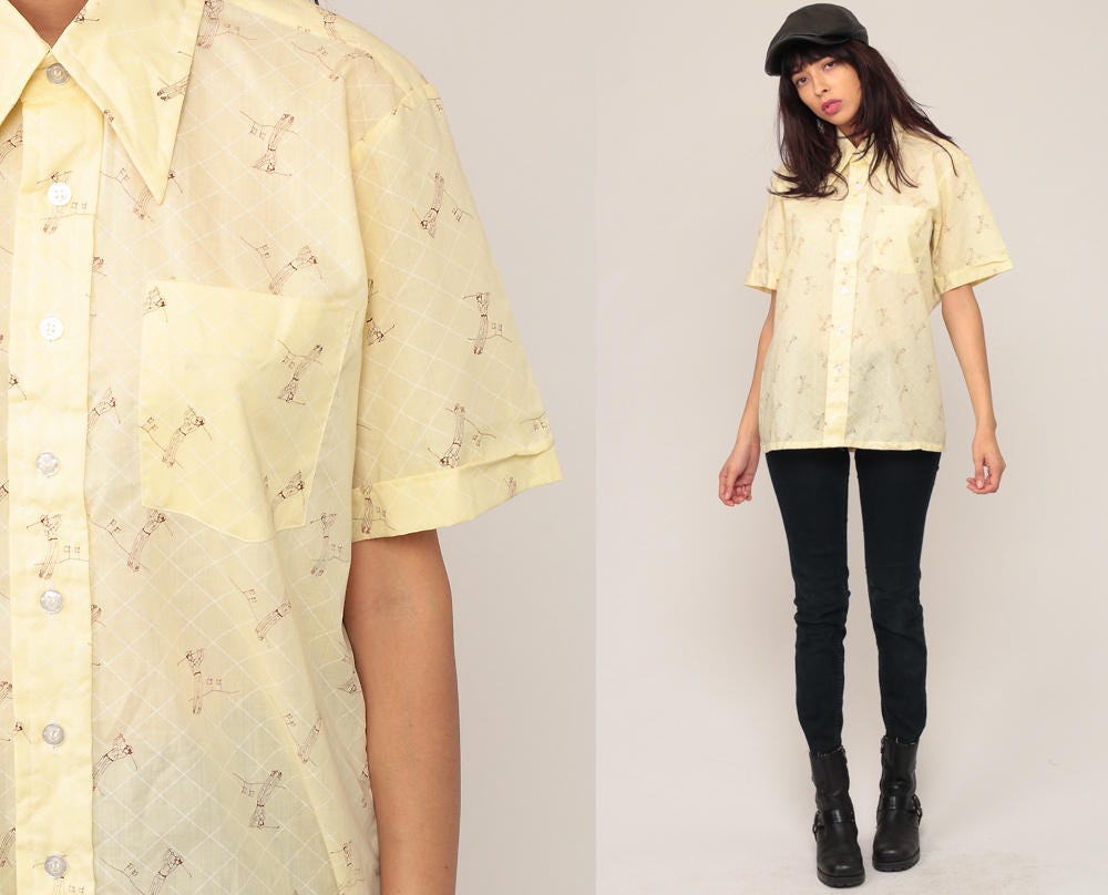 70s Golf Print Shirt Yellow Button Up Novelty Disco Collar Medium
