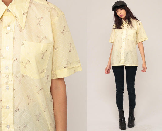 70s Golf Print Shirt Yellow Button Up Novelty Disco Collar Medium