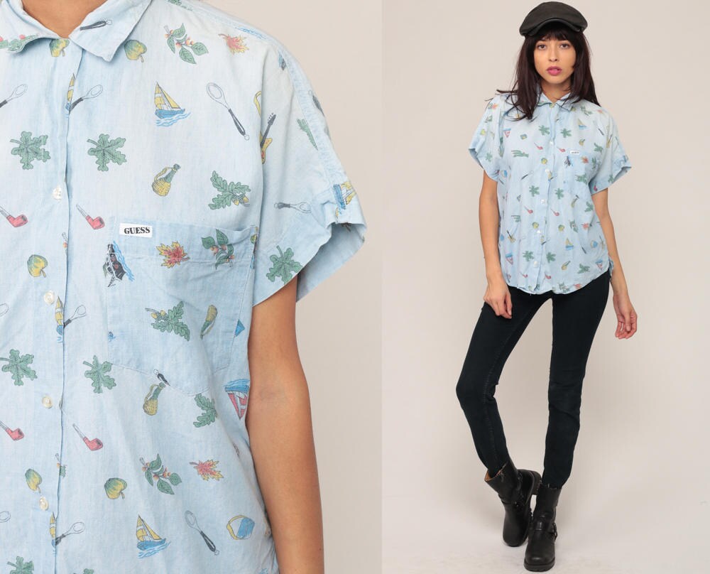 90s Guess Georges Marciano Guitar Sailboat Cactus Button Up Blouse Blue Extra Large