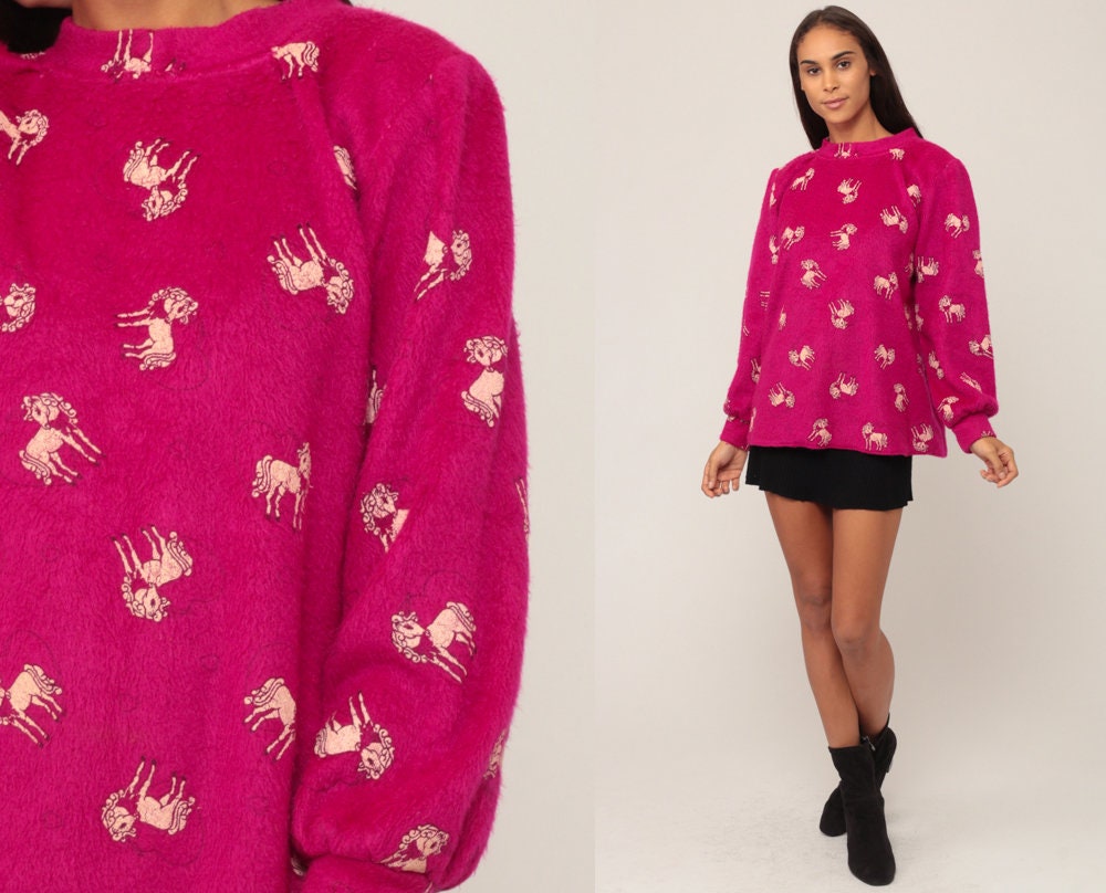 80s Unicorn Heart Magenta Sweatshirt Fuzzy Graphic Crewneck Medium