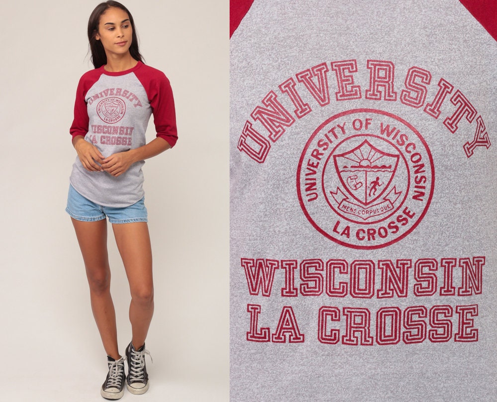 80s Wisconsin University Lacrosse Baseball Tee Ringer 3/4 Sleeve Grey Extra Small
