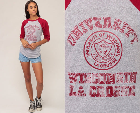 80s Wisconsin University Lacrosse Baseball Tee Ringer 3/4 Sleeve Grey Extra Small