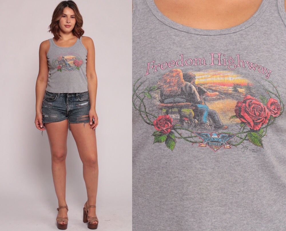 90s American Biker Freedom Highway Motorcycle Tank Top Grey Medium Large
