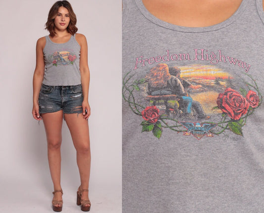 90s American Biker Freedom Highway Motorcycle Tank Top Grey Medium Large