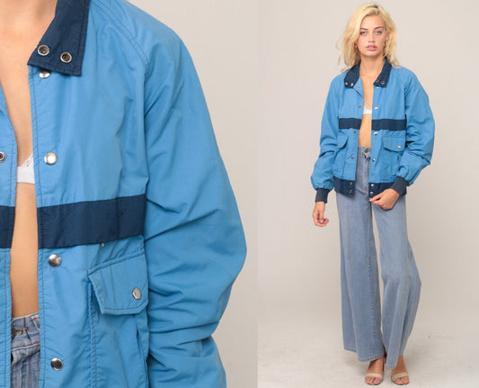 70s Bomber Jacket Baby Blue Nylon Windbreaker Striped Medium
