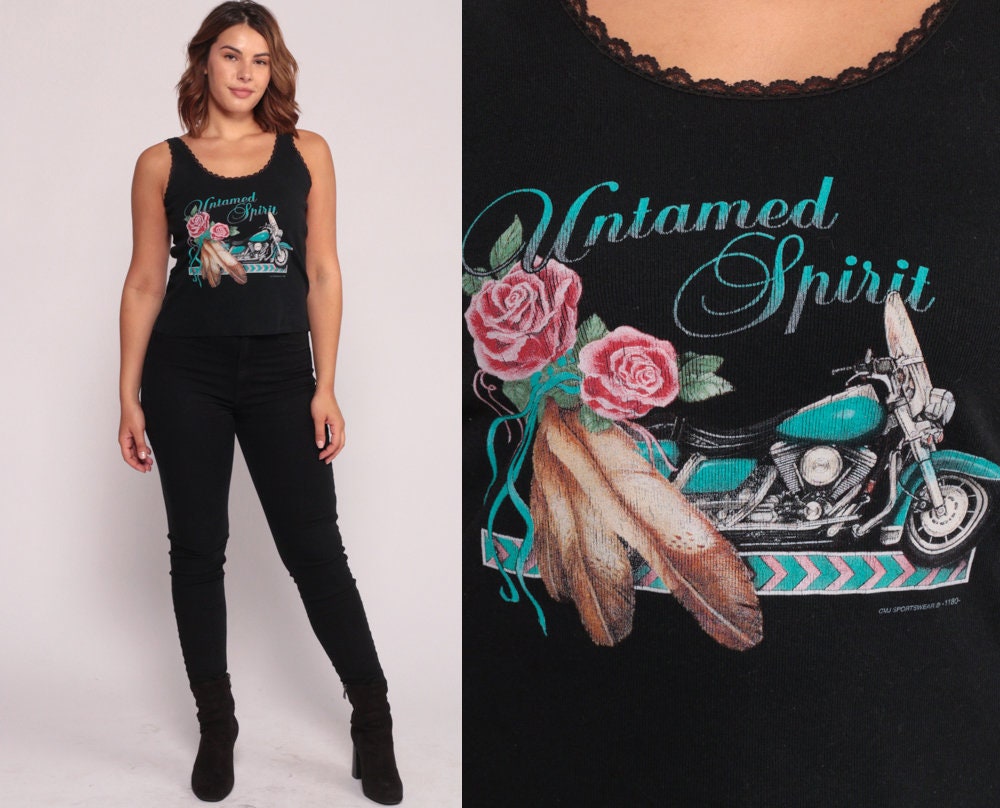 90s Untamed Spirit Motorcycle Biker Tank Top Black Graphic Large