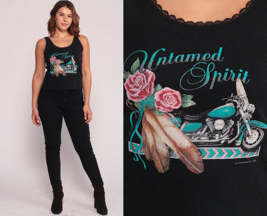 90s Untamed Spirit Motorcycle Biker Tank Top Black Graphic Large