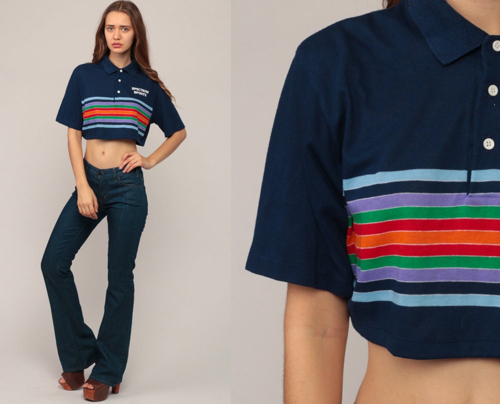 80s Spectrum Sports Rainbow Striped Polo Crop Top Blue Small Medium