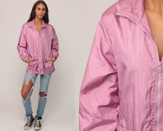 90s Purple Nylon Windbreaker Jacket Floral Embroidered Anorak Small