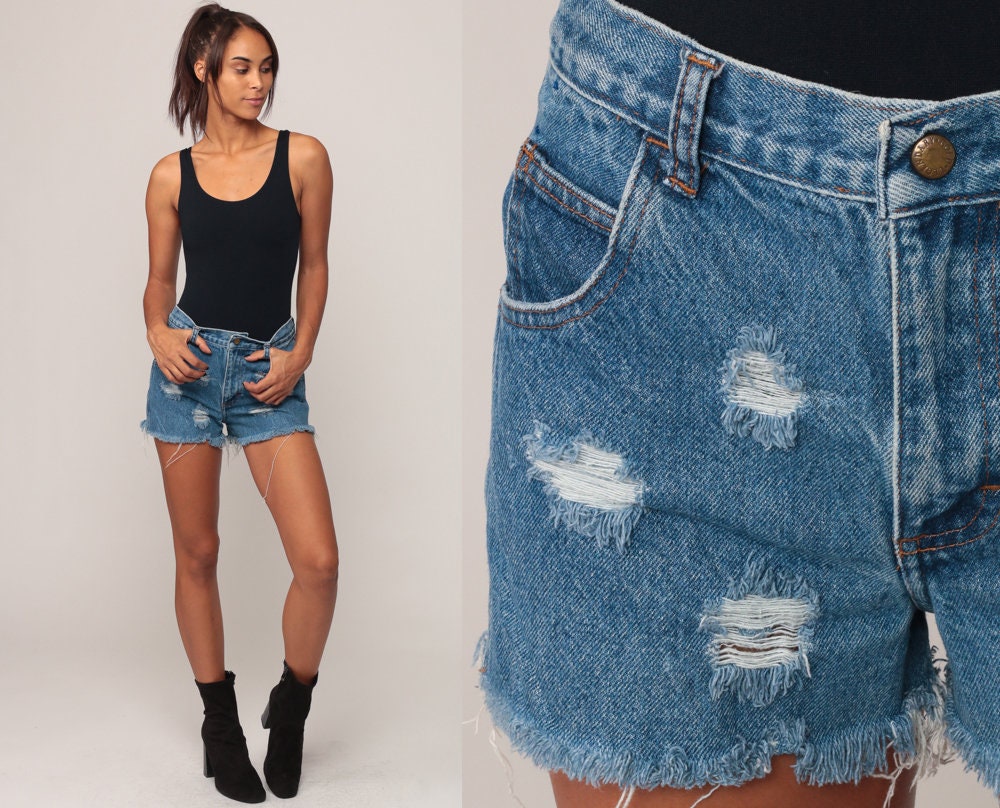90s Legendary Gold Ripped Denim Cutoff Shorts High Waist Blue Medium