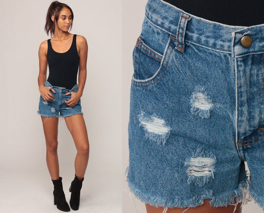90s Legendary Gold Ripped Denim Cutoff Shorts High Waist Blue Medium
