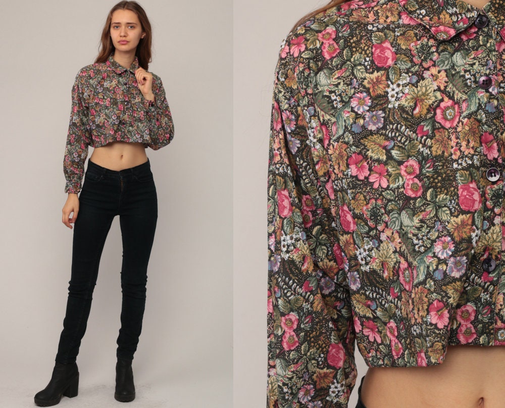 90s Floral Button-Up Crop Top Long Sleeve Blouse Black Pink Medium