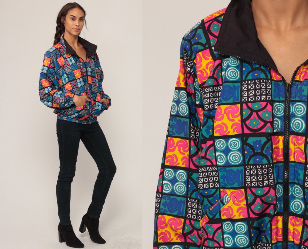 90s Geometric Floral Windbreaker Jacket Blue Pink XXL
