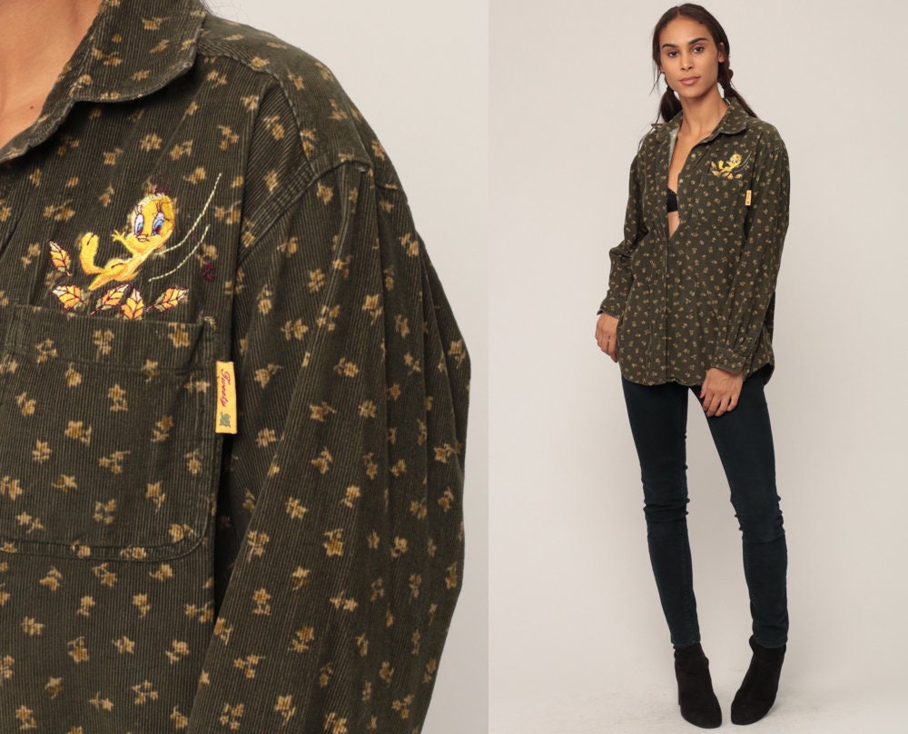 90s Looney Tunes Tweety Bird Floral Corduroy Button-Up Shirt Extra Large