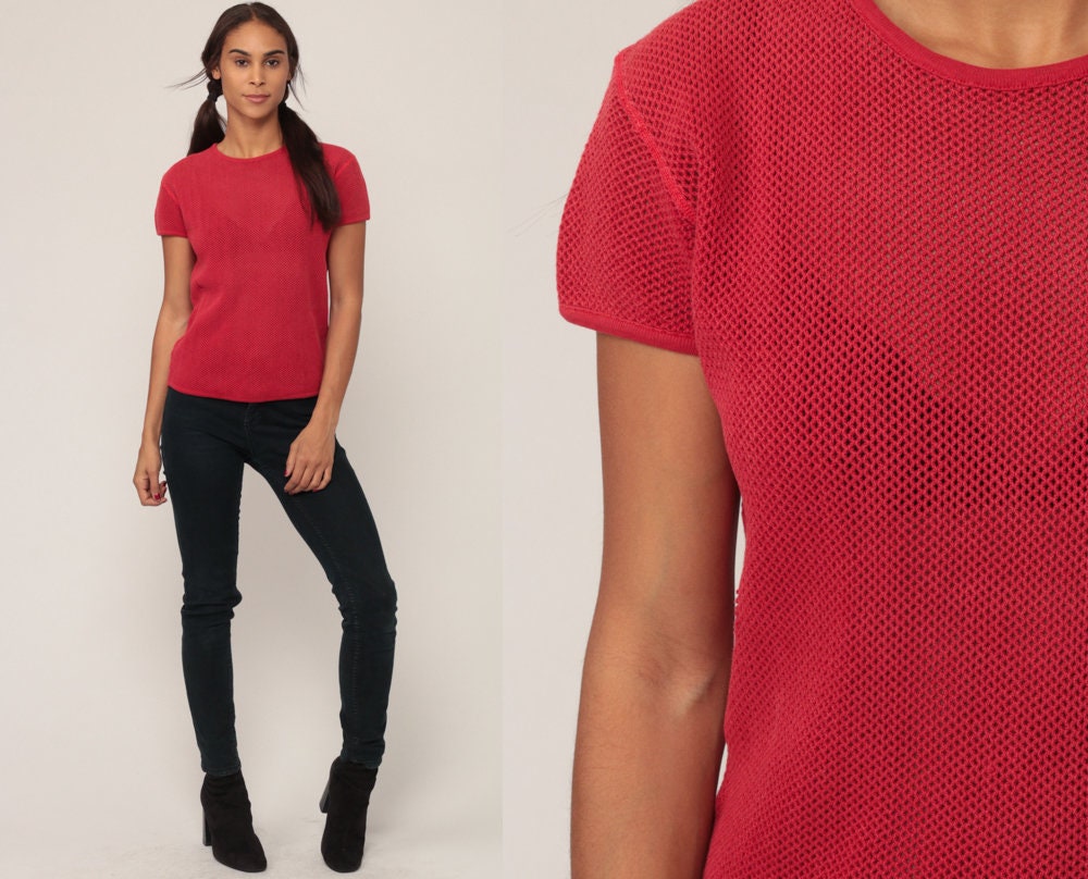 80s Red Mesh T-Shirt Sheer Short Sleeve Athletic Top Extra Large XL