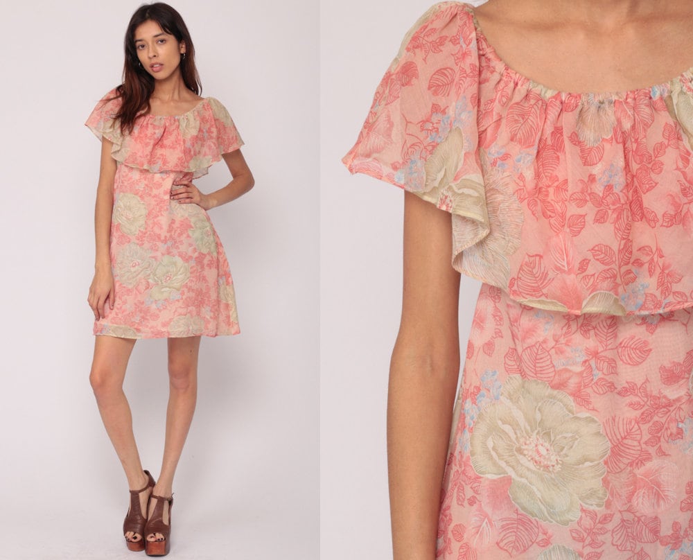 70s Pink Floral Flutter Sleeve Mini Dress Off-Shoulder Small Medium