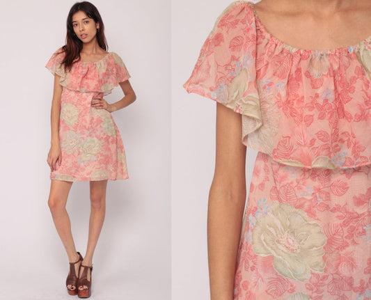 70s Pink Floral Flutter Sleeve Mini Dress Off-Shoulder Small Medium