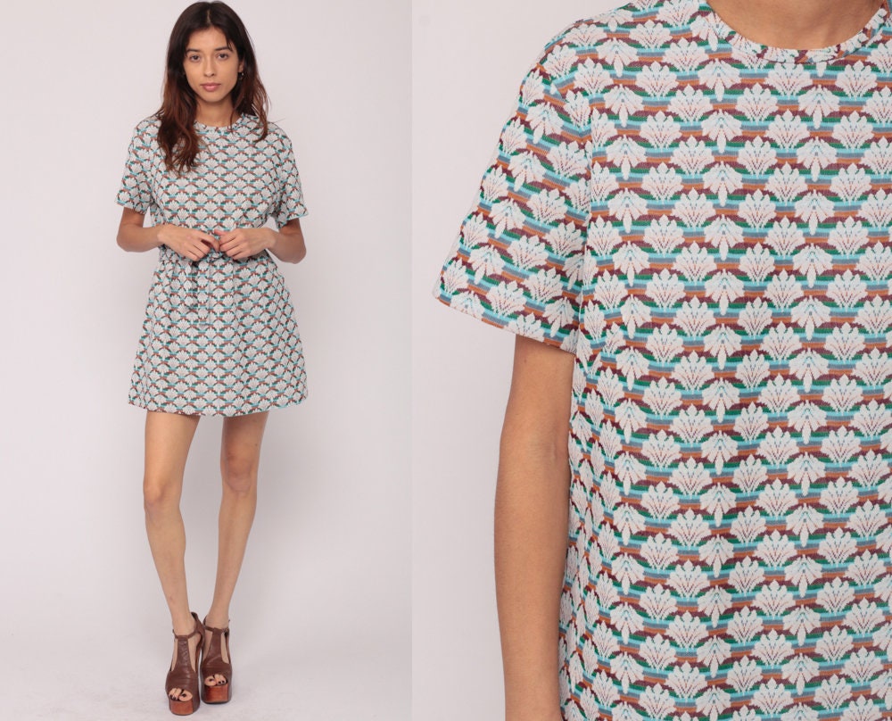 1960s Mod Shift Mini Dress Geometric Wallpaper Print Belted Large