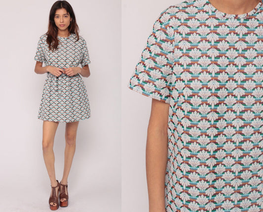 1960s Mod Shift Mini Dress Geometric Wallpaper Print Belted Large
