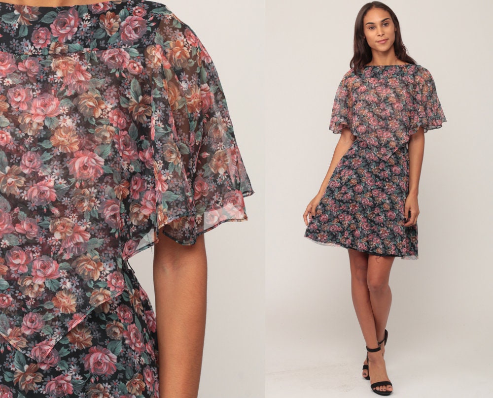 1970s Floral Mini Dress Flutter Capelet High Waist Small