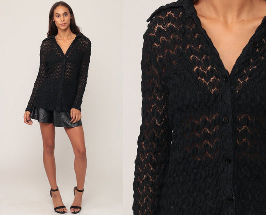 70s Black Crochet Blouse Long Sleeve Open Weave Button Up Small Medium