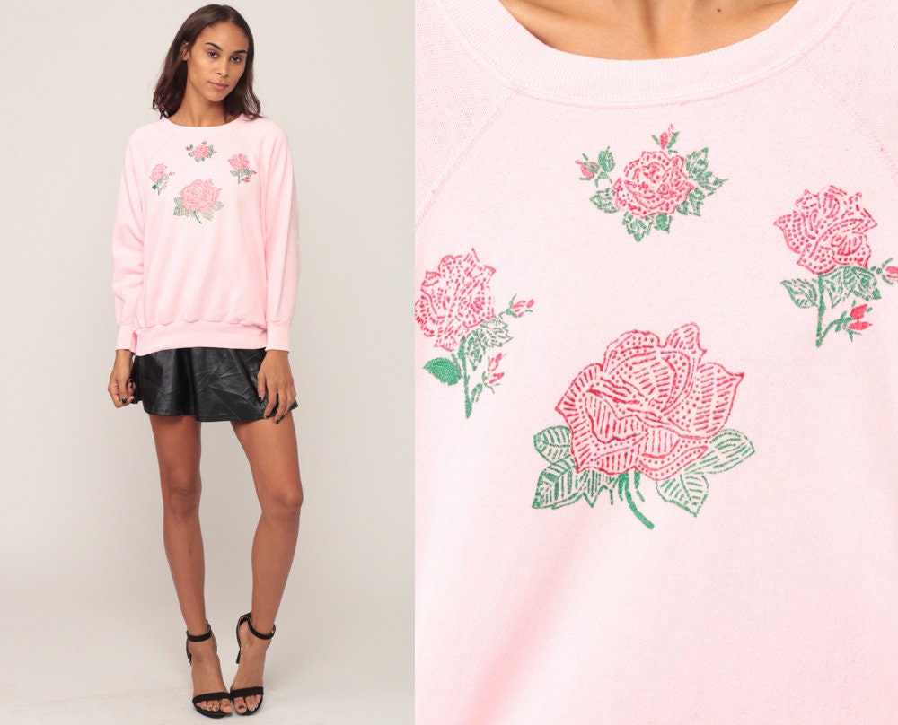 80s Hand Painted Floral Sweatshirt Baby Pink Raglan Graphic Crewneck Large