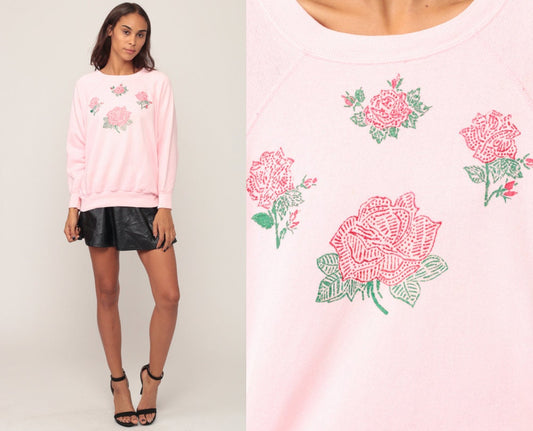 80s Hand Painted Floral Sweatshirt Baby Pink Raglan Graphic Crewneck Large