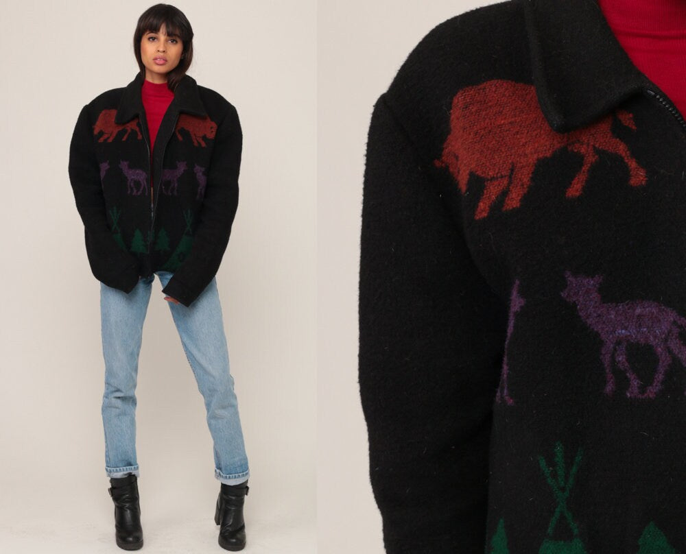 90s Totem Pole Animal Print Wool Jacket Black Extra Large XXL