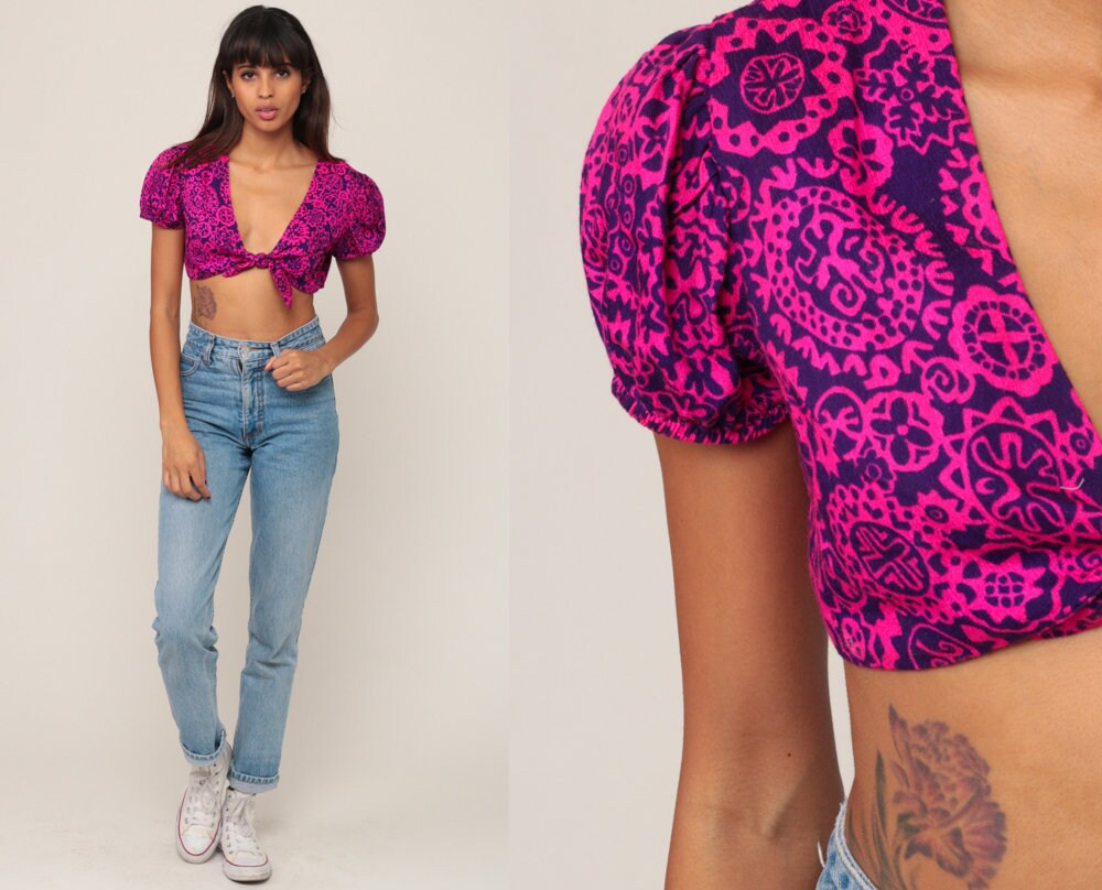 70s Crop Top Puff Sleeve Blouse Floral Print Deep V Neckline Hot Pink Medium