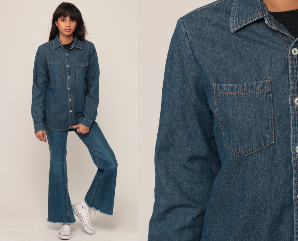 90s Blue Denim Button-Up Shirt Lined Long Sleeve Small Medium