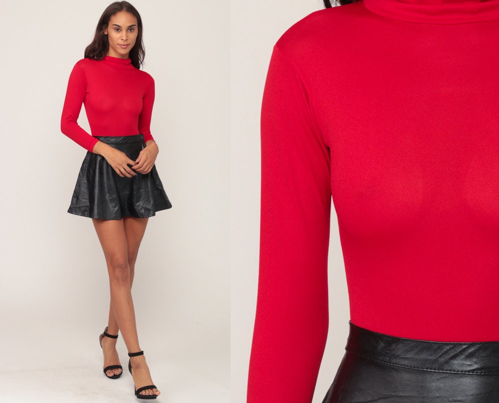 70s Red Turtleneck Bodysuit Long Sleeve Leotard Sheer Small
