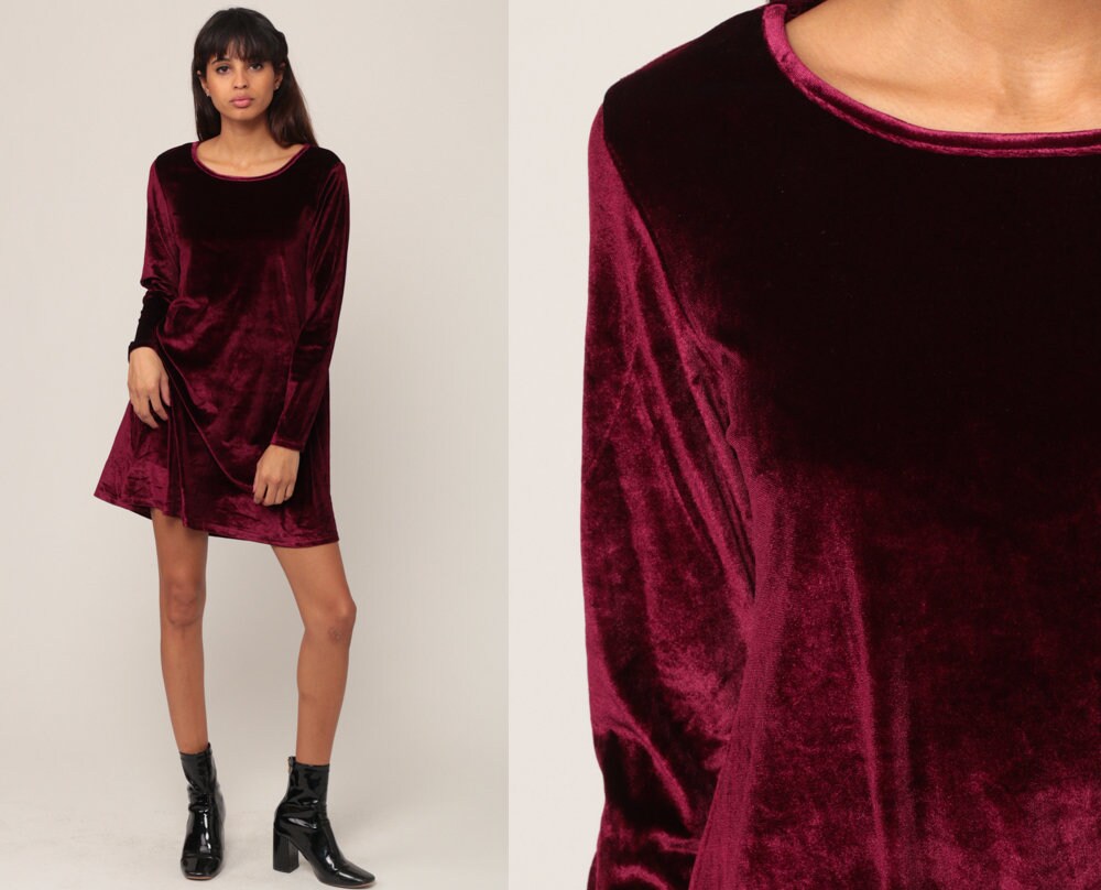 90s Burgundy Velvet Mini Dress Long Sleeve A-Line Small