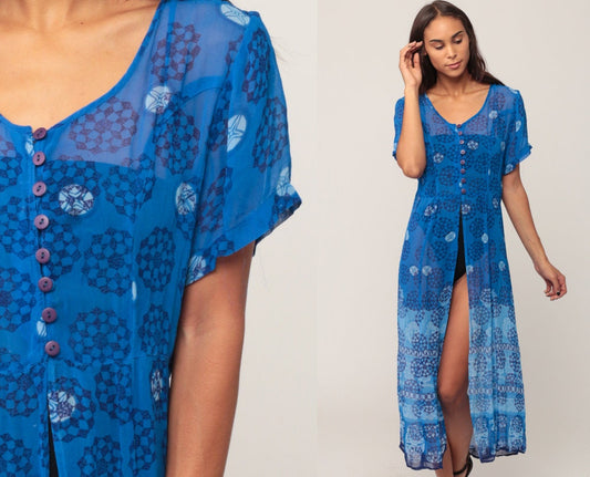 90s Blue Geometric Rayon Maxi Dress Button-Up High Slit Short Sleeve Small Medium