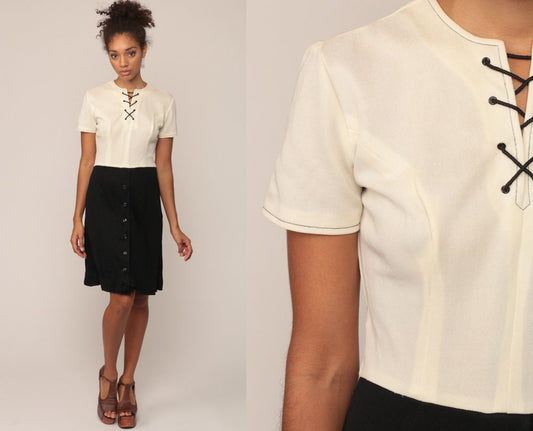70s Mod Mini Dress Lace-Up Bodice Black Off-White High Waist Small