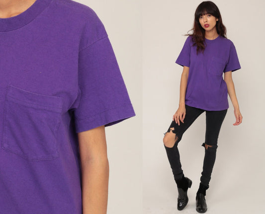 80s Purple Pocket T-Shirt Cotton Crewneck Tee Medium Large