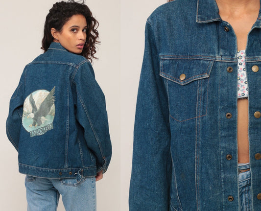 80s Bald Eagle Endangered Denim Jacket Blue Jean Snap Button Extra Small