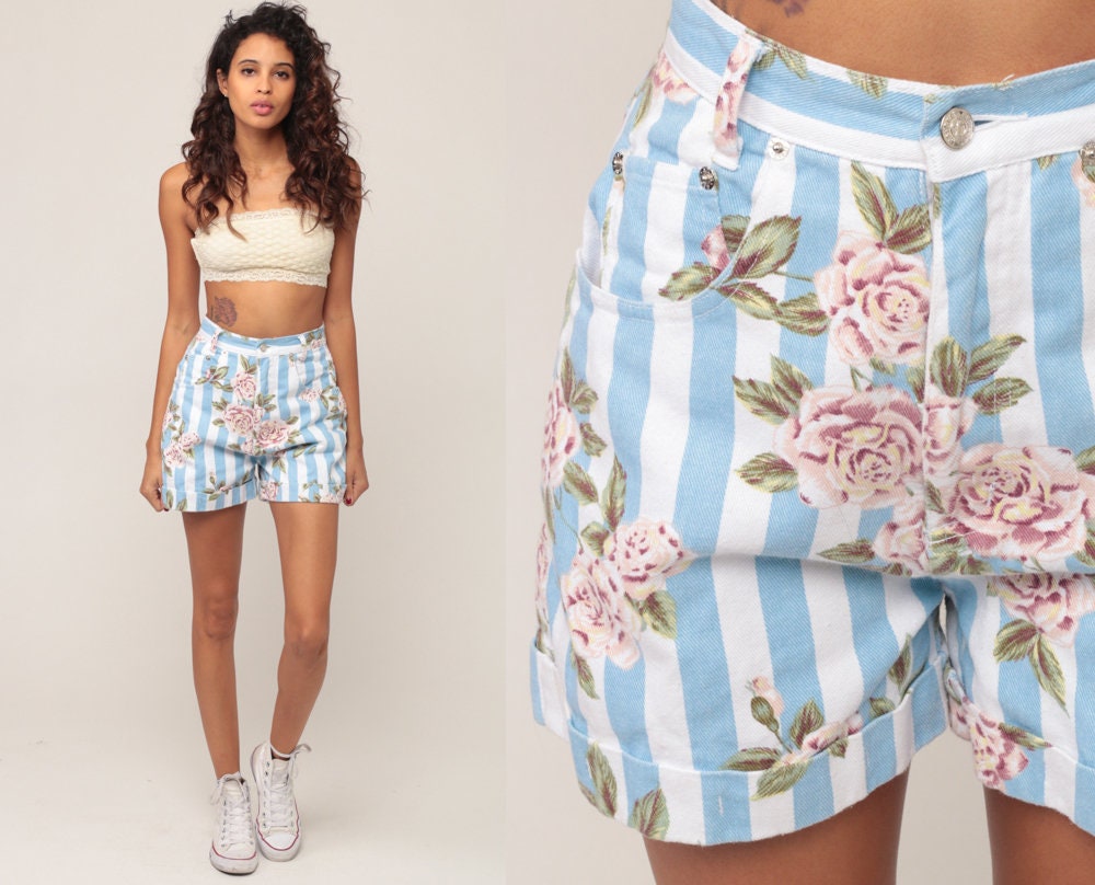 90s Floral Striped High Waisted Denim Shorts Blue Jean Extra Small