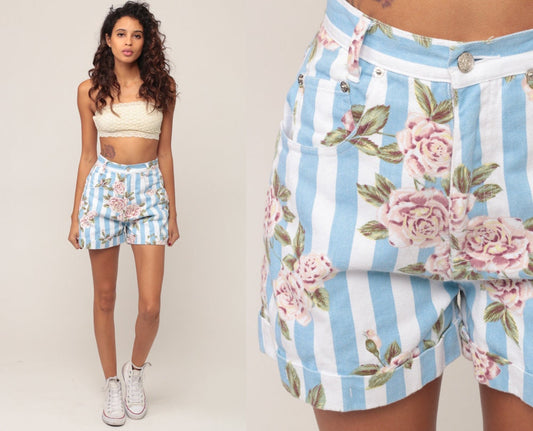 90s Floral Striped High Waisted Denim Shorts Blue Jean Extra Small
