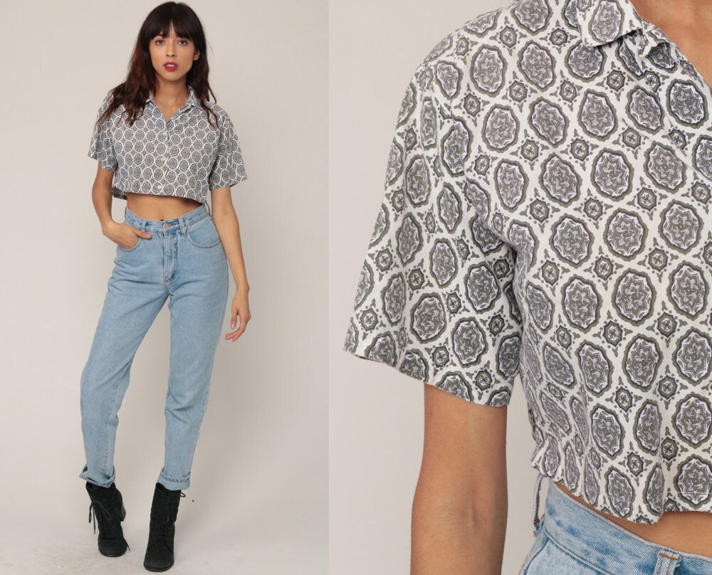 80s Geometric Wallpaper Print Crop Top Button Up Shirt White Cotton Small Medium