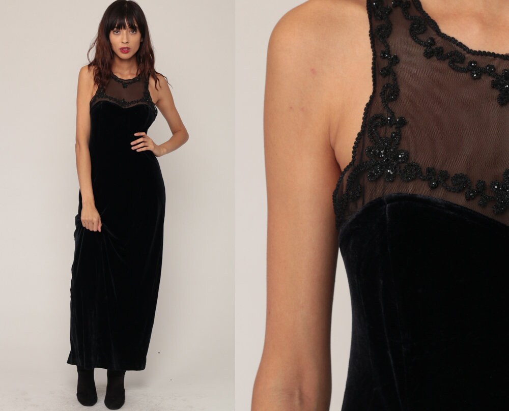 90s Black Velvet Maxi Dress Sequin Mesh Neckline Bodycon Small Medium