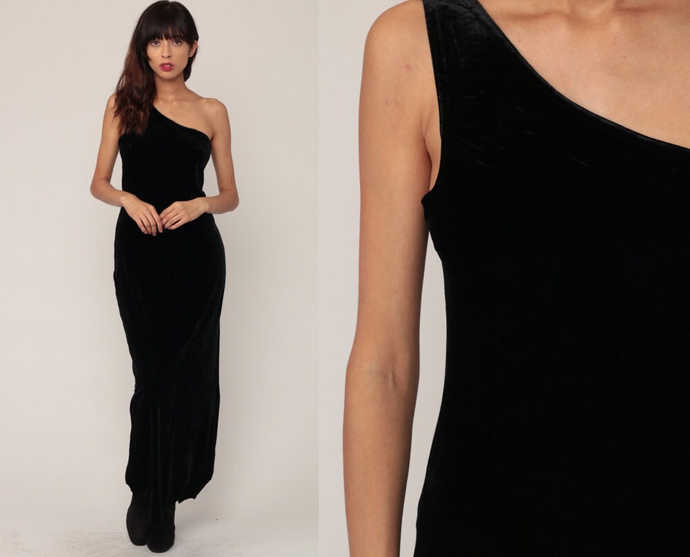 90s Black Velvet One-Shoulder Maxi Dress Bodycon Medium