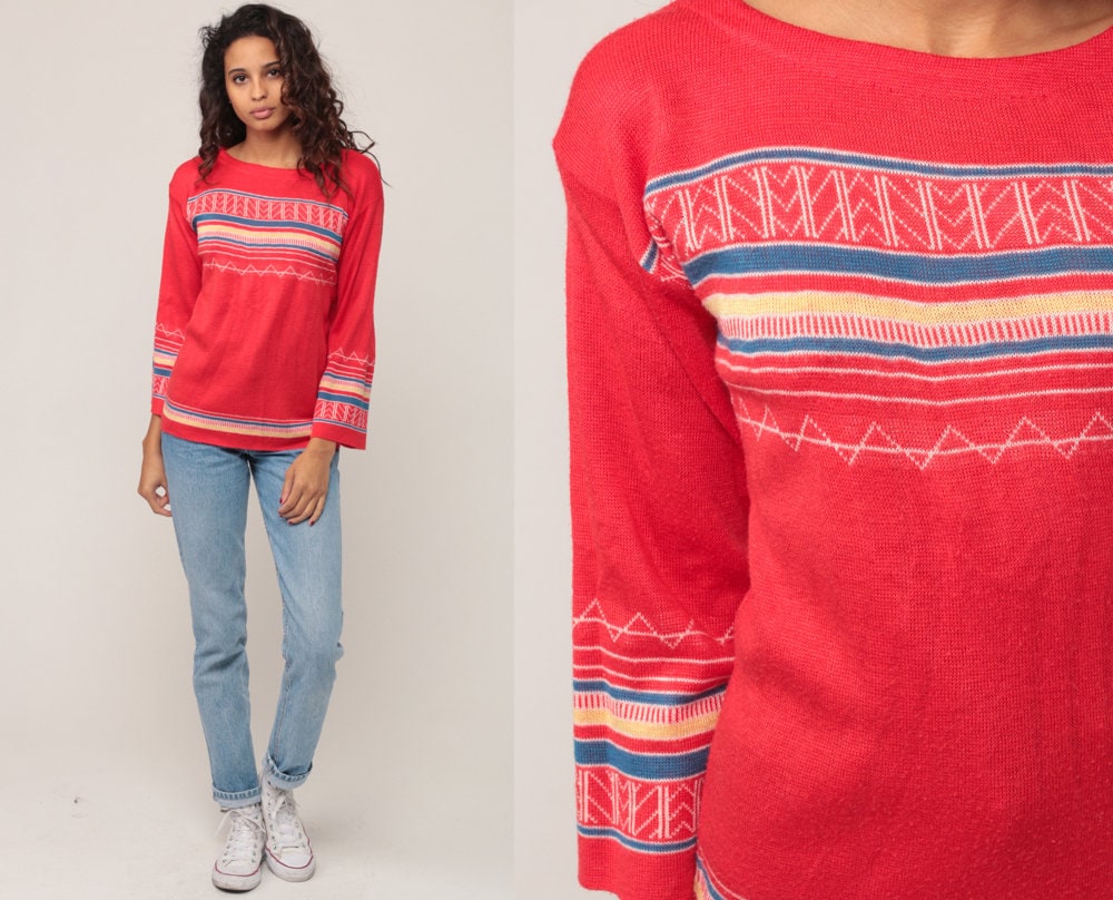 70s Red Striped Knit Sweater Pullover Geometric Small