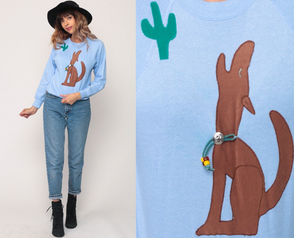 80s Coyote Cactus Sweatshirt Navajo Southwest Graphic Raglan Baby Blue XS