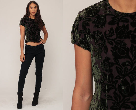 90s Green Velvet Floral Silk Blouse Short Sleeve Boho Top Small
