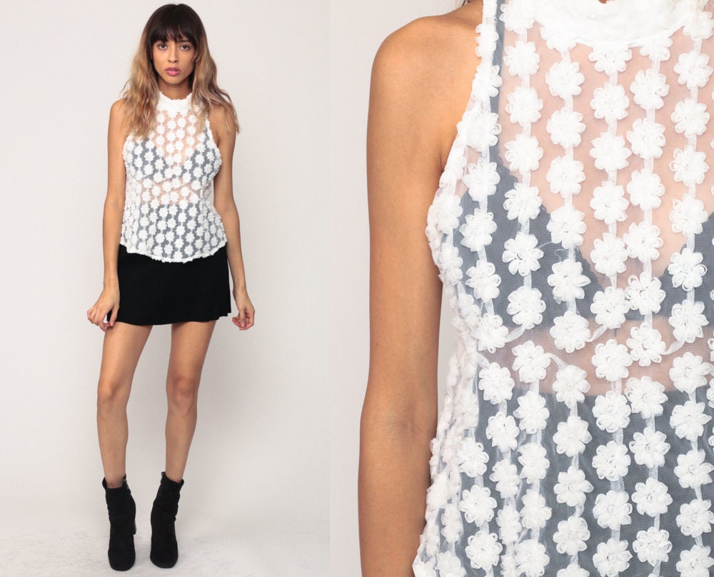 90s White Mesh Tank Top Sheer High Neck Floral Appliqué Small