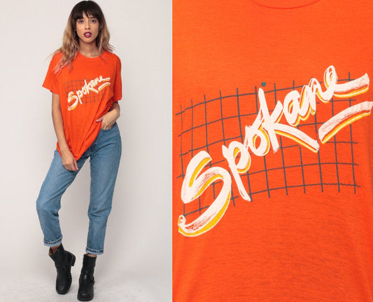 80s Spokane Washington State Graphic T-Shirt Burnout Orange Extra Large XL